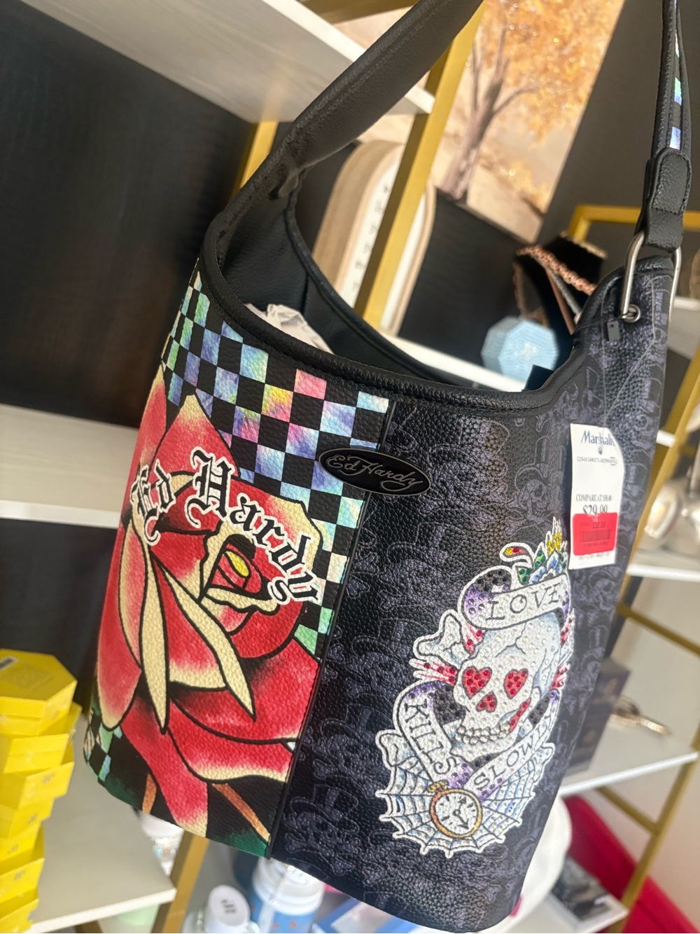 Ed Hardy Black Shoulder Bag with Red Rose and Multicolor Checker Accents